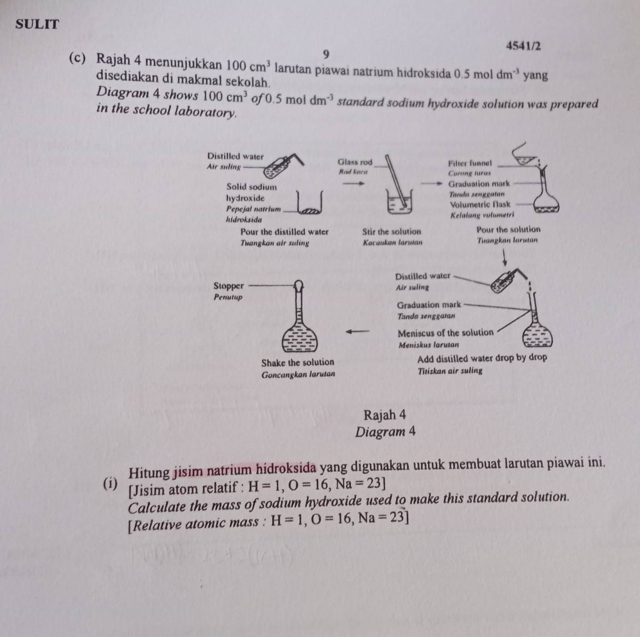 SULIT 
4541/2 
9 
(c) Rajah 4 menunjukkan 100cm^3 larutan piawai natrium hidroksida 0.5moldm^(-3) yang 
disediakan di makmal sekolah. 
Diagram 4 shows 100cm^3 of 0.5moldm^(-3) standard sodium hydroxide solution was prepared 
in the school laboratory. 
Rajah 4 
Diagram 4 
Hitung jisim natrium hidroksida yang digunakan untuk membuat larutan piawai ini. 
(i) [Jisim atom relatif : H=1, O=16, Na=23]
Calculate the mass of sodium hydroxide used to make this standard solution. 
[Relative atomic mass : H=1, O=16, Na=23]