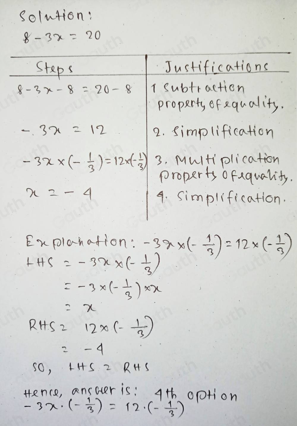 Solved: The steps for solving the given equation are shown below. 8-3x ...