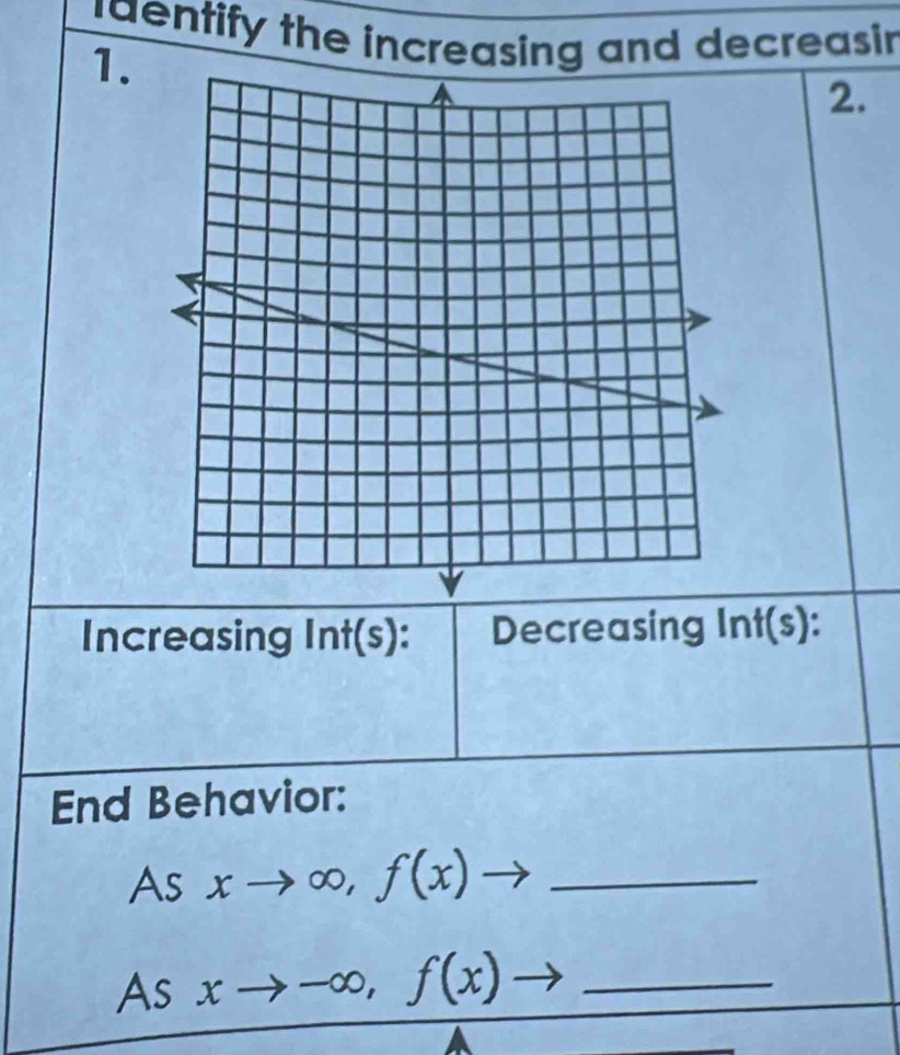 entify the increasing and decreasin 
1. 
2. 
Increasing Int(s) Decreasing ln t(s) : 
End Behavior: 
As xto ∈fty ,f(x) - _ 
As xto -∈fty , f(x)to _