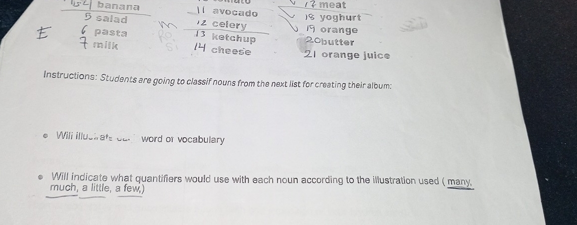 ? meat 
banana I avocado ) yoghurt
5 salad zcelery 19 orange
13 ketchup 
pasta 20butter
14 cheese 
milk 21 orange juice 
Instructions: Students are going to classif nouns from the next list for creating their album: 
Wili illuctrate cart word of vocabulary 
Will indicate what quantifiers would use with each noun according to the illustration used ( many 
much, a little, a few,)