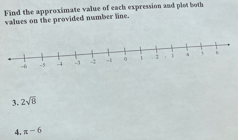 Find the approximate value of each expression and plot both 
values on the provided number line. 
3. 2sqrt(8)
4. π -6