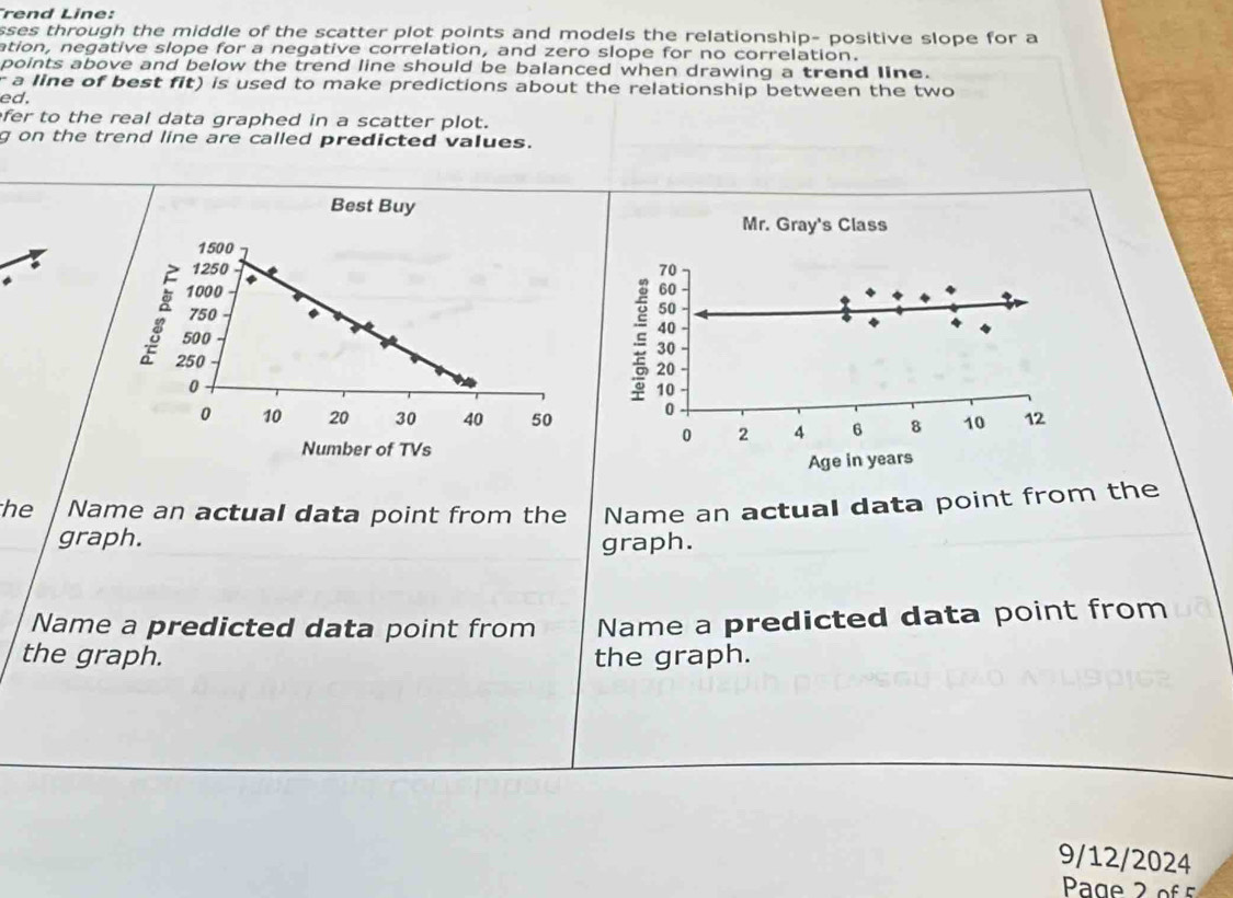 rend Line: 
sses through the middle of the scatter plot points and models the relationship- positive slope for a 
ation, negative slope for a negative correlation, and zero slope for no correlation. 
points above and below the trend line should be balanced when drawing a trend line. 
r a line of best fit) is used to make predictions about the relationship between the two 
ed. 
fer to the real data graphed in a scatter plot. 
g on the trend line are called predicted values. 
Best Buy
1500
1250
*
1000 4
750.
500
250
0
0 10 20 30 40 50
Number of TVs 
he Name an actual data point from the Name an actual data point from the 
graph. graph. 
Name a predicted data point from Name a predicted data point from 
the graph. the graph. 
9/12/2024 
Page 2 ºf 5