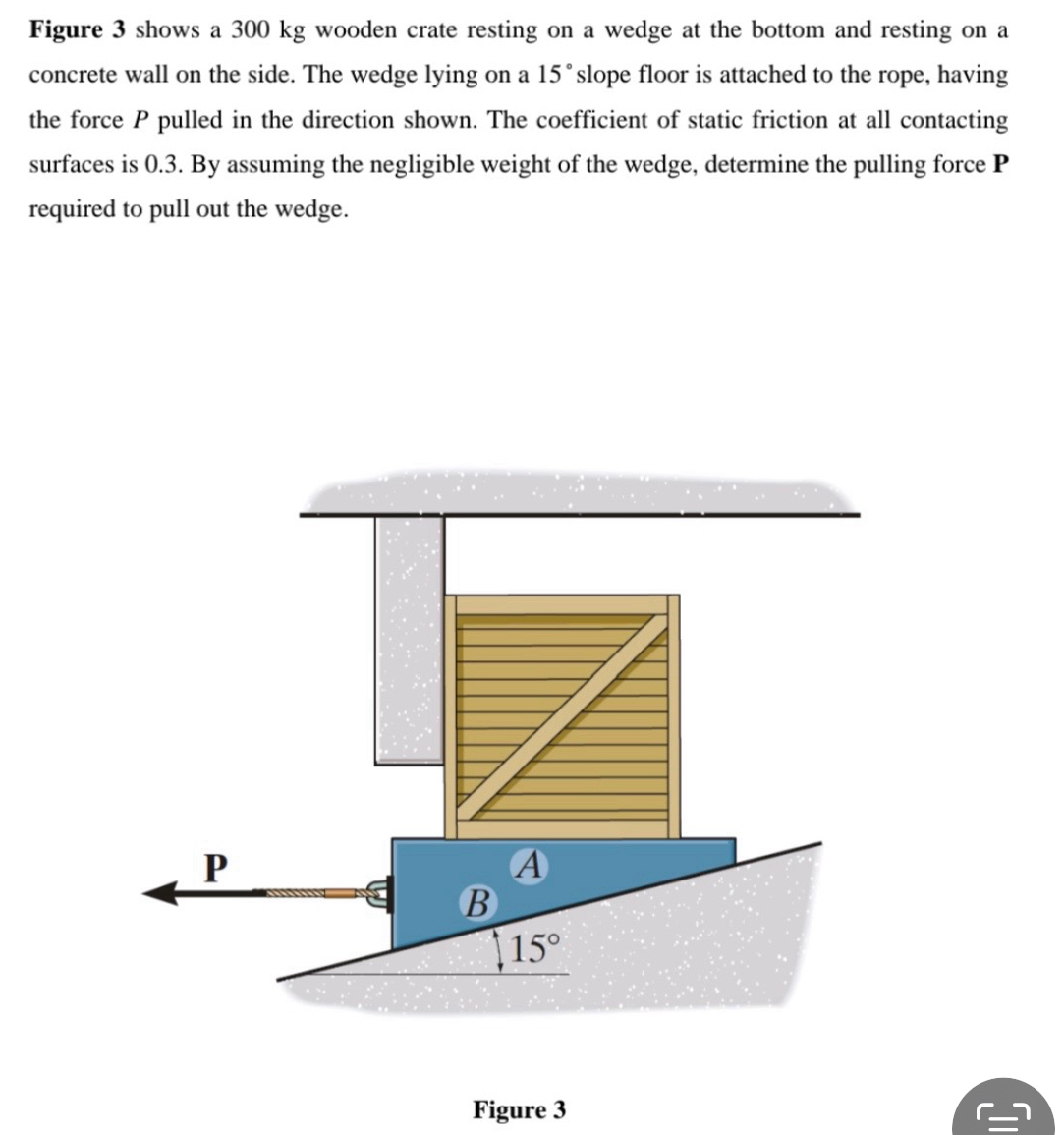 Figure 3 shows a 300 kg wooden crate resting on a wedge at the bottom and resting on a
concrete wall on the side. The wedge lying on a 15°slope floor is attached to the rope, having
the force P pulled in the direction shown. The coefficient of static friction at all contacting
surfaces is 0.3. By assuming the negligible weight of the wedge, determine the pulling force P
required to pull out the wedge.
Figure 3