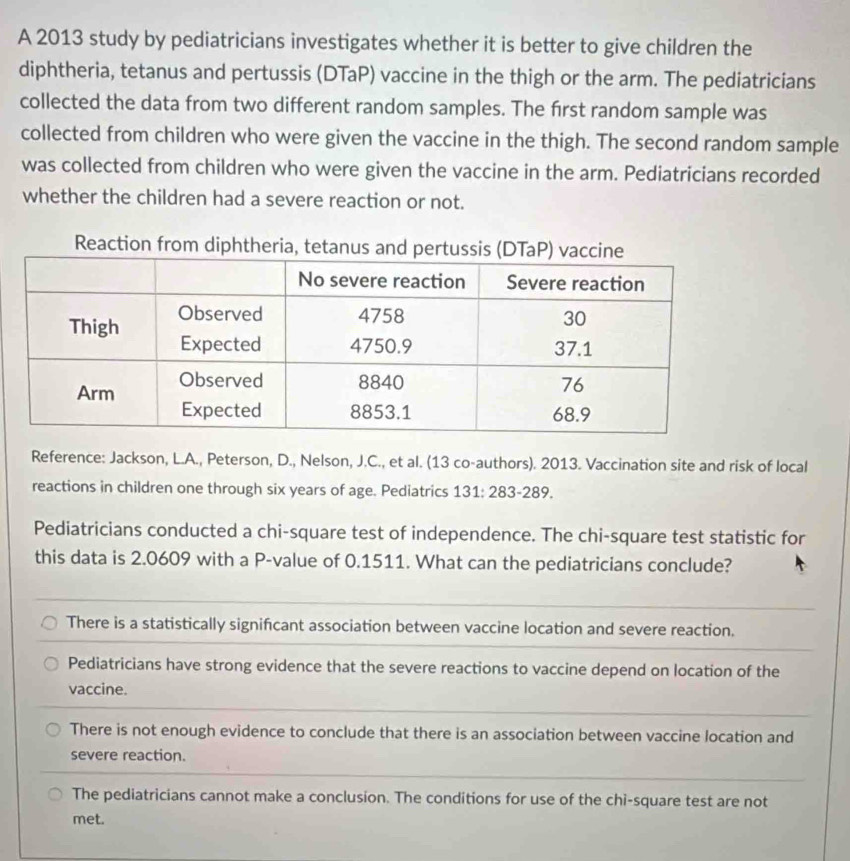 A 2013 study by pediatricians investigates whether it is better to give children the
diphtheria, tetanus and pertussis (DTaP) vaccine in the thigh or the arm. The pediatricians
collected the data from two different random samples. The first random sample was
collected from children who were given the vaccine in the thigh. The second random sample
was collected from children who were given the vaccine in the arm. Pediatricians recorded
whether the children had a severe reaction or not.
Reaction from diphtheria, tetanus and pe
Reference: Jackson, L.A., Peterson, D., Nelson, J.C., et al. (13 co-authors). 2013. Vaccination site and risk of local
reactions in children one through six years of age. Pediatrics 131: 283-289.
Pediatricians conducted a chi-square test of independence. The chi-square test statistic for
this data is 2.0609 with a P -value of 0.1511. What can the pediatricians conclude?
There is a statistically significant association between vaccine location and severe reaction.
Pediatricians have strong evidence that the severe reactions to vaccine depend on location of the
vaccine.
There is not enough evidence to conclude that there is an association between vaccine location and
severe reaction.
The pediatricians cannot make a conclusion. The conditions for use of the chi-square test are not
met.