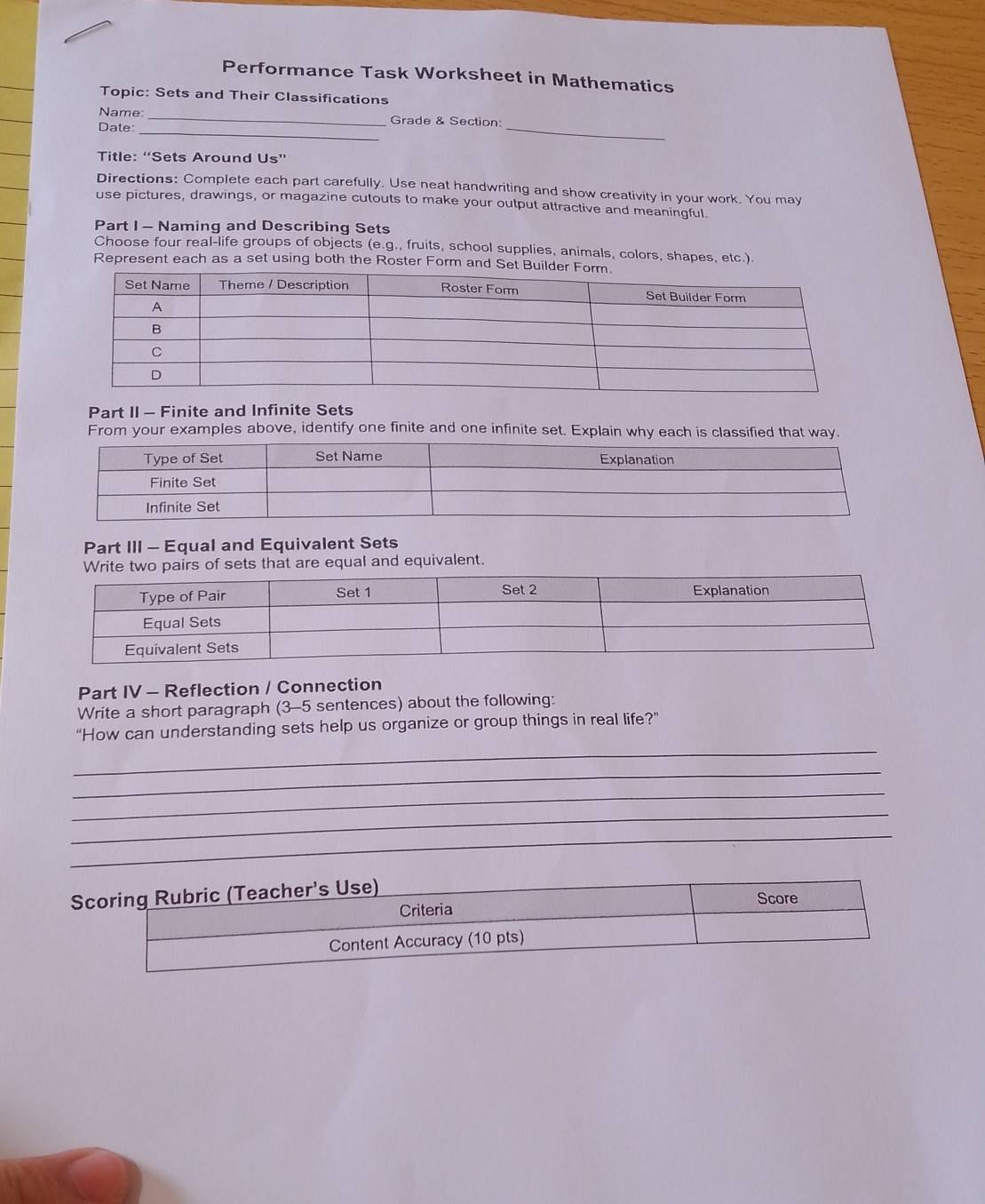 Solved: Performance Task Worksheet in Mathematics Topic: Sets and Their ...