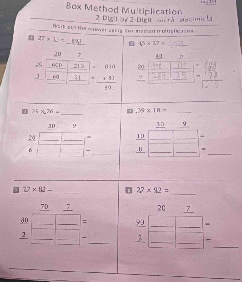 M∠ TT
Box Method Multiplication