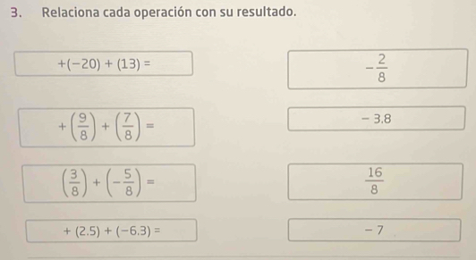 Relaciona cada operación con su resultado.
+(-20)+(13)=
- 2/8 
+( 9/8 )+( 7/8 )=
- 3.8
( 3/8 )+(- 5/8 )=
 16/8 
+(2.5)+(-6.3)= - 7