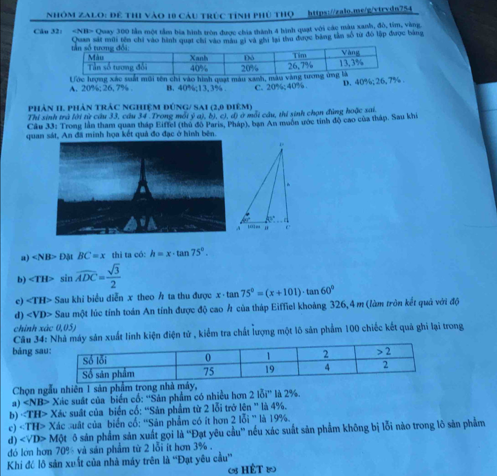 NhÓM ZALO: Đề ThI vào 10 Cầu TRÚc Tính phủ THọ hps://zal0.ms/g/vuydn754
Câu 32: Quay 300 lần một tầm bia hình tròn được chia thành 4 hình quạt với các màu xanh, đô, tim, vàng
Quan sát mũi tên chỉ vào hình quạt chỉ vào mâu gi và ghi lại thu được bảng tần số từ đó lập được bảng
Ước lượng xác suất mũi tên chỉ vào hình quạt màu xanh,
A. 20%; 26,7%. B. 40%;13,3% . C. 20%; 40% . D. 40%; 26, 7% .
phản H. phản trác nghiệm đúng/ sai (2,0 điêm)
Thỉ sinh trà lời từ cầu 33, cầu 34 .Trong môi ý a), b), c), đ) ở môi câu, thí sinh chọn đùng hoặc sai.
Câu 33: Trong lần tham quan tháp Eiffel (thủ đo Paris, Pháp), bạn An muôn ước tính độ cao của tháp. Sau khi
quan sát, An đã minh họa kết quả đo đạc ở hình bên.
a) ∠ NB>DMBC=x thì ta có: h=x· tan 75°.
b) sin overline ADC= sqrt(3)/2 
c) ∠ TH> Sau khi biểu diễn x theo h ta thu được x· tan 75°=(x+101)· tan 60°
d) Sau một lúc tính toán An tính được độ cao h của tháp Eiffiel khoảng 326,4 m (làm tròn kết quả với độ
chỉnh xác 0.05
Cầu 34: Nhà máy sản xuất linh kiện điện tử , kiểm tra chất lượng một lô sản phẩm 100 chiếc kết quả ghi lại trong
bảng sau
Chọn ngẫu nhiên 1 sản phẩm trong nhà máy,
a) ∠ NB> Xác suất của biến cố: “Sản phẩm có nhiều hơn 2 lỗi” là 2%.
b) Xác suất của biển cố: “Sản phẩm từ 2 lỗi trở lên ” là 4%.
c) Xác :uất của biển cố: “Sản phẩm có ít hơn 2 lỗi ' là 19%.
d) ∠ VD> Một ô sản phẩm sản xuất gọi là “Đạt yêu cầu” nếu xác suất sản phẩm không bị lỗi nào trong lô sản phẩm
dó lớn hơn 70% và sản phẩm từ 2 lỗi ít hơn 3% .
Khi đć lô sản xuất của nhà máy trên là “Đạt yêu cầu”
HÉT &