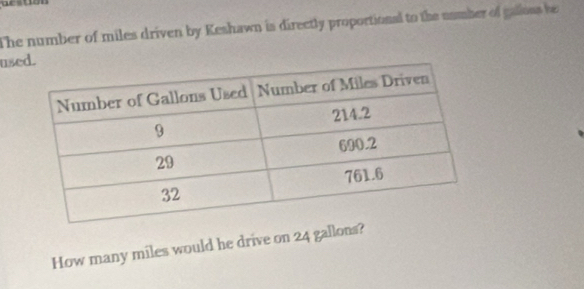 The number of miles driven by Keshawn is directly proportional to the namber of gallons he 
us 
How many miles would he drive on 24 gallons?