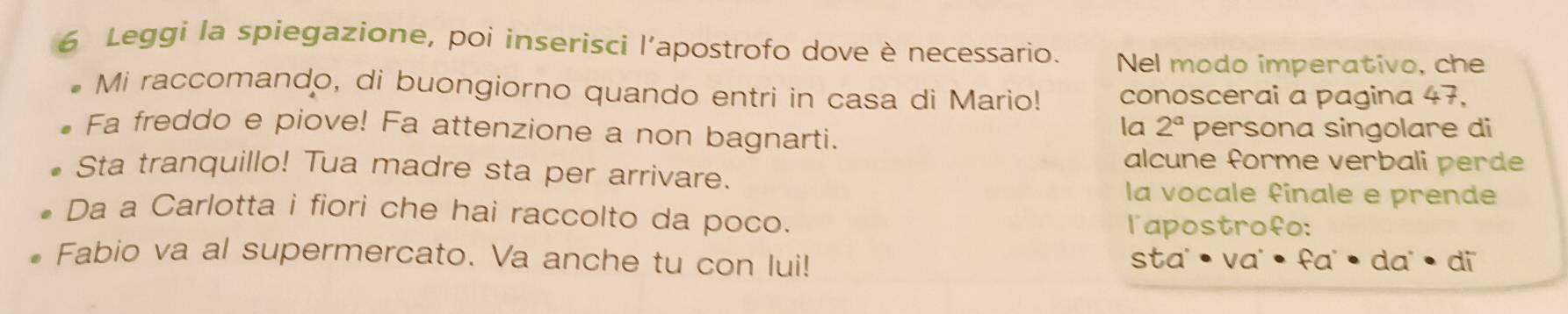 Leggi la spiegazione, poi inserisci l'apostrofo dove è necessario. Nel modo imperativo, che 
Mi raccomando, di buongiorno quando entri in casa di Mario! conoscerai a pagina 47, 
la 2^a
Fa freddo e piove! Fa attenzione a non bagnarti. persona singolare di 
alcune forme verbali perde 
Sta tranquillo! Tua madre sta per arrivare. 
la vocale finale e prende 
Da a Carlotta i fiori che hai raccolto da poco. 
l'apostrofo: 
Fabio va al supermercato. Va anche tu con lui! sta'• va • f · da • di