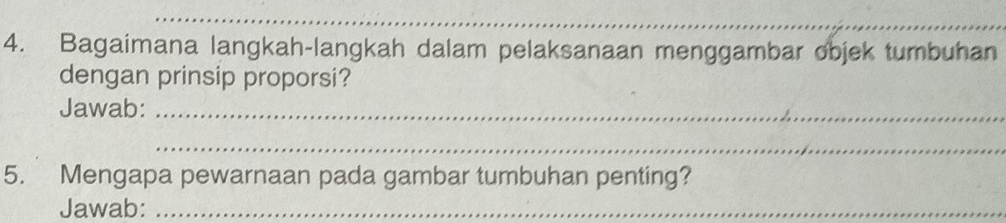 Bagaimana langkah-langkah dalam pelaksanaan menggambar objek tumbuhan 
dengan prinsip proporsi? 
Jawab:_ 
_ 
5. Mengapa pewarnaan pada gambar tumbuhan penting? 
Jawab:_