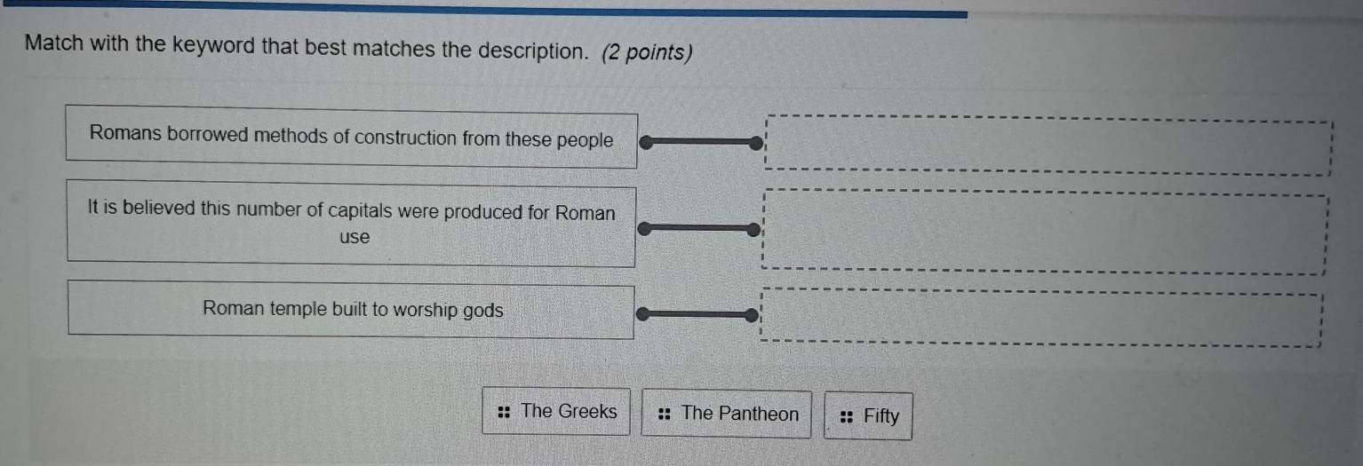 Match with the keyword that best matches the description. (2 points) 
Romans borrowed methods of construction from these people 
It is believed this number of capitals were produced for Roman 
use 
Roman temple built to worship gods 
:: The Greeks :' The Pantheon :: Fifty