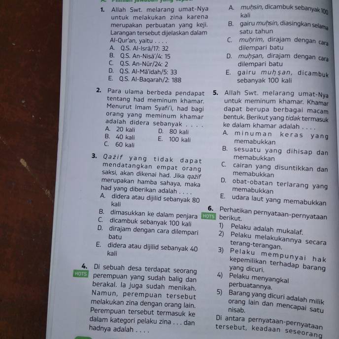 Allah Swt. melarang umat-Nya A. muḥsin, dicambuk sebanyak 100
untuk melakukan zina karena kali
merupakan perbuatan yang keji. B. gairu muḥsin, diasingkan selama
satu tahun
Larangan tersebut dijelaskan dalam C. muḥrim, dirajam dengan cara
Al-Qur'an, yaitu . . . .
A. Q.S. Al-Isrā/17: 32 dilempari batu
B. Q.S. An-Nisā'/4: 15 D. muḥṣan, dirajam dengan cara
C. Q.S. An-Nür/24: 2 dilempari batu
D. Q.S. Al-Mā'idah/5: 33 E. gairu muḥşan, dicambuk
E. Q.S. Al-Baqarah/2: 188 sebanyak 100 kali
2. Para ulama berbeda pendapat 5. Allah Swt. melarang umat-Nya
tentang had meminum khamar. untuk meminum khamar. Khamar
Menurut Imam Syafi'i, had bagi dapat berupa berbagai macam
orang yang meminum khamar bentuk. Berikut yang tidak termasuk
adalah didera sebanyak . . . . ke dalam khamar adalah . . . .
A. 20 kali D. 80 kali A. minuman keras yang
B. 40 kali E. 100 kali memabukkan
C. 60 kali B. sesuatu yang dihisap dan
memabukkan
3. Qażif yang tidak dapat C. cairan yang disuntikkan dan
mendatangkan empat orang
saksi, akan dikenai had. Jika qażif memabukkan
merupakan hamba sahaya, maka D. obat-obatan teriarang yang
had yang diberikan adalah . . . . memabukkan
A. didera atau dijilid sebanyak 80 E. udara laut yang memabukkan
kali 6. Perhatikan pernyataan-pernyataan
B. dimasukkan ke dalam penjara HOTS : berikut.
C. dicambuk sebanyak 100 kali 1) Pelaku adalah mukalaf.
D. dirajam dengan cara dilempari 2) Pelaku melakukannya secara
batu
terang-terangan.
E. didera atau dijilid sebanyak 40 3) Pelaku mempunyai hak
kali
kepemilikan terhadap barang
4. Di sebuah desa terdapat seorang yang dicuri.
Hs perempuan yang sudah balig dan 4) Pelaku menyangkal
perbuatannya.
berakal. la juga sudah menikah. 5) Barang yang dicuri adalah milik
Namun, perempuan tersebut
melakukan zina dengan orang lain.
orang lain dan mencapai satu
Perempuan tersebut termasuk ke nisab.
Di antara pernyataan-pernyataan
dalam kategori pelaku zina . . . dan tersebut, keadaan seseorang
hadnya adalah . . . .