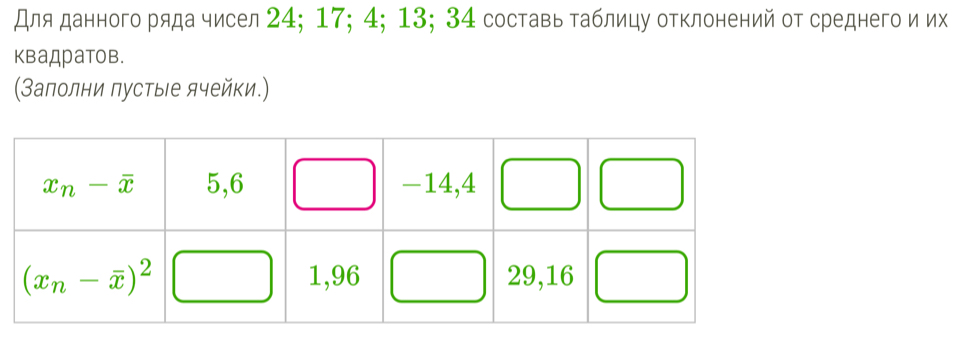 Для данного ряда чисел 24; 17; 4; 13; 34 составь таблицу отклонений от среднего и их
кваДратов.
(Заполни πустыιе ячейки.)