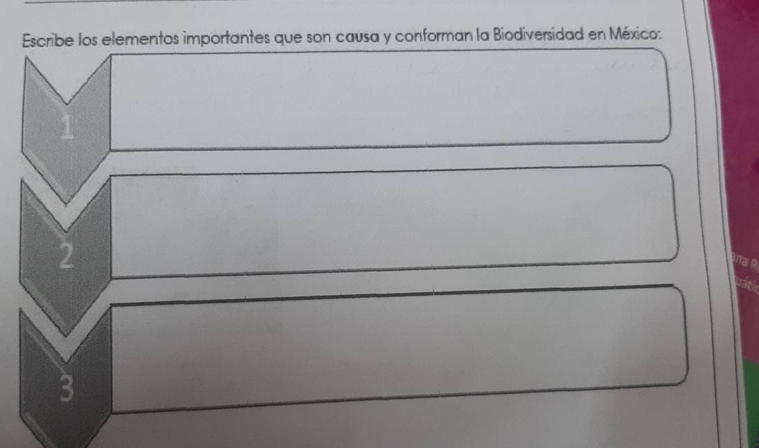 Escribe los elementos importantes que son causa y conforman la Biodiversidad en México: 
2 
na R 
atic
3