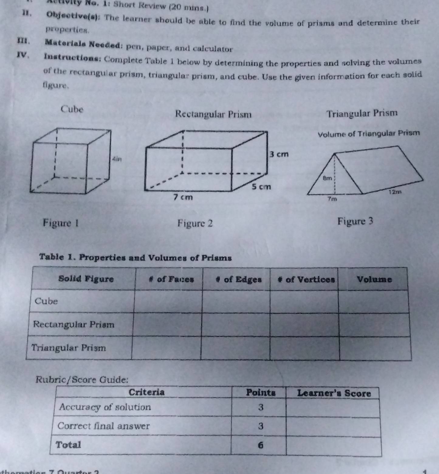 Astivily No. 1: Short Review (20 mins.) 
II. Objective(s): The learner should be able to find the volume of prisms and determine their 
properties. 
III. Materials Needed: pen, paper, and calculator 
IV. Instructions: Complete Table 1 below by determining the properties and solving the volumes 
of the rectangular prism, triangular prism, and cube. Use the given information for each solid 
figure. 
Cube 
Rectangular Prism Triangular Prism 
Volume of Triangular Prism 
Figure 1 Figure 2 Figure 3 
Table 1. Properties and Volumes of Prisms