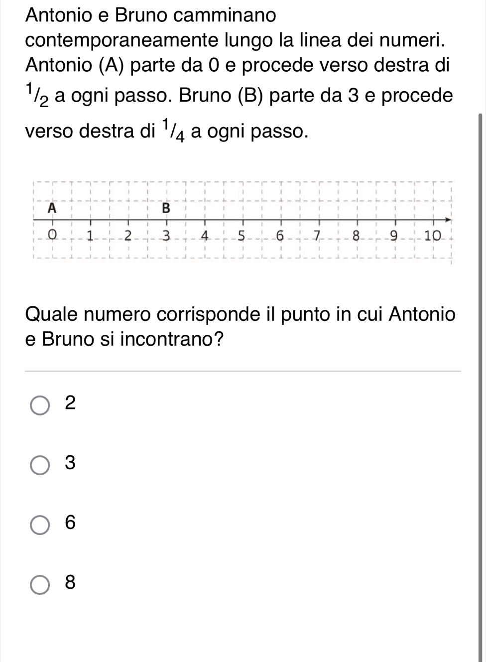 Antonio e Bruno camminano
contemporaneamente lungo la linea dei numeri.
Antonio (A) parte da 0 e procede verso destra di
¹½ a ogni passo. Bruno (B) parte da 3 e procede
verso destra di 1/₄ a ogni passo.
A
B
0 1 -2 3 4 5 6 1 8 9 10
Quale numero corrisponde il punto in cui Antonio
e Bruno si incontrano?
2
3
6
8