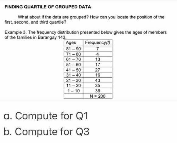 FINDING QUARTILE OF GROUPED DATA
What about if the data are grouped? How can you locate the position of the
first, second, and third quartile?
Example 3. The frequency distribution presented below gives the ages of members
of the families in Barangay 1
a. Compute for Q1
b. Compute for Q3