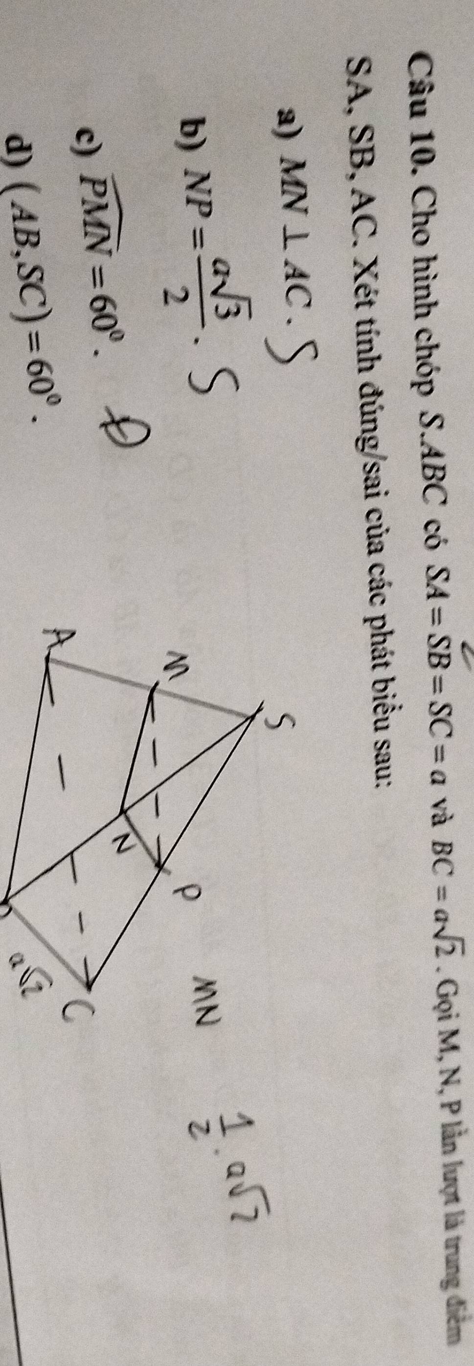 Cho hình chóp S. ABC có SA=SB=SC=a và BC=asqrt(2). Gọi M, N, P lần lượt là trung điểm 
SA, SB, AC. Xét tính đúng/sai của các phát biểu sau: 
a) MN⊥ AC. 
b) NP= asqrt(3)/2 . 
c) widehat PMN=60^0. 
d) (AB,SC)=60°.