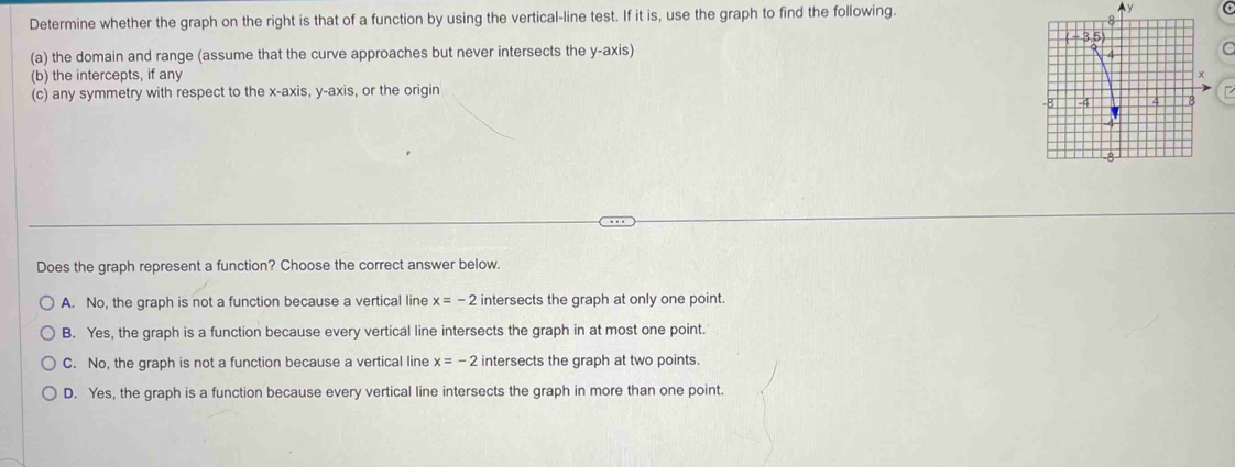 Determine whether the graph on the right is that of a function by using the vertical-line test. If it is, use the graph to find the following. Ay C
(a) the domain and range (assume that the curve approaches but never intersects the y-axis)
C
(b) the intercepts, if any
(c) any symmetry with respect to the x-axis, y-axis, or the origin
Does the graph represent a function? Choose the correct answer below.
A. No, the graph is not a function because a vertical line x=-2 intersects the graph at only one point.
B. Yes, the graph is a function because every vertical line intersects the graph in at most one point.
C. No, the graph is not a function because a vertical line x=-2 intersects the graph at two points.
D. Yes, the graph is a function because every vertical line intersects the graph in more than one point.