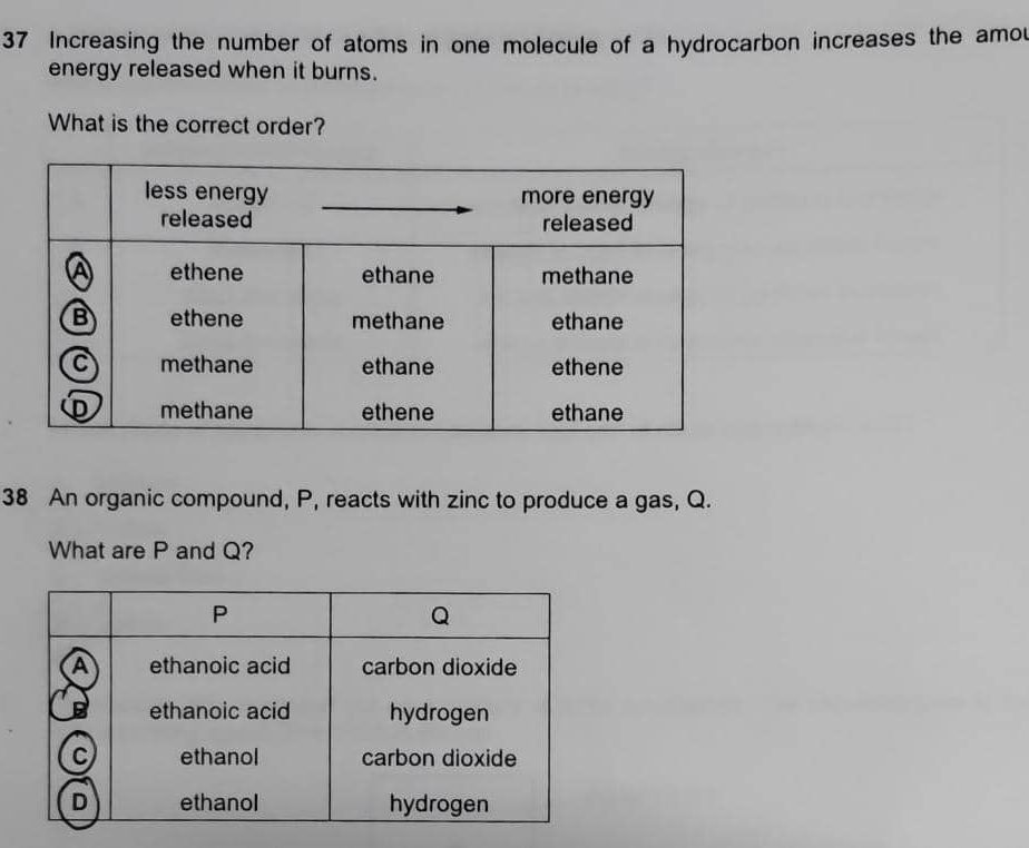 Increasing the number of atoms in one molecule of a hydrocarbon increases the amou 
energy released when it burns. 
What is the correct order? 
38 An organic compound, P, reacts with zinc to produce a gas, Q. 
What are P and Q?