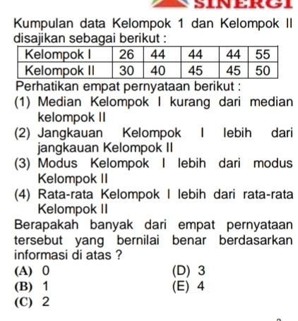 Kumpulan data Kelompok 1 dan Kelompok II
disajikan sebagai berikut :
Perhatikan empat pernyataan berikut :
(1) Median Kelompok I kurang dari median
kelompok II
(2) Jangkauan Kelompok I lebih dari
jangkauan Kelompok II
(3) Modus Kelompok I lebih dari modus
Kelompok II
(4) Rata-rata Kelompok I lebih dari rata-rata
Kelompok II
Berapakah banyak dari empat pernyataan
tersebut yang bernilai benar berdasarkan
informasi di atas ?
(A) 0 (D) 3
(B) 1 (E) 4
(C) 2