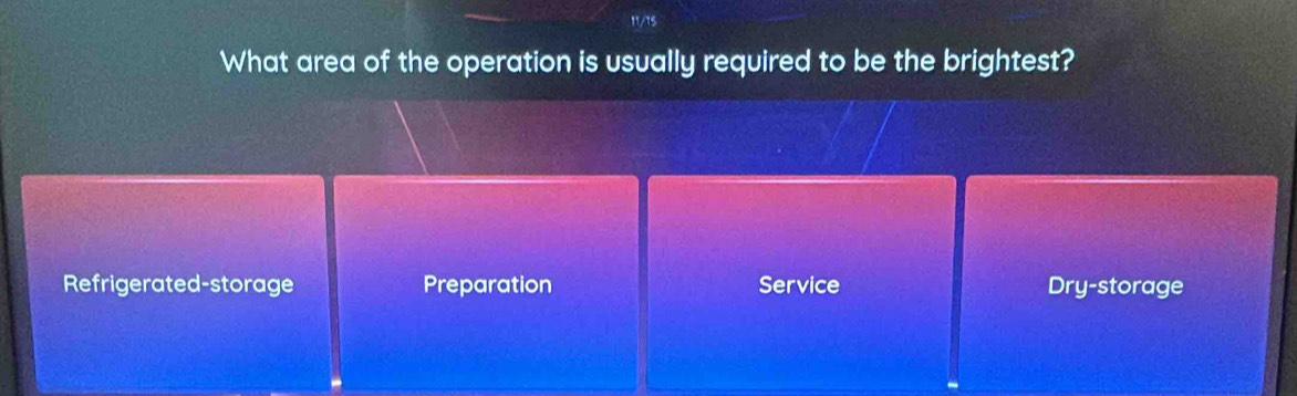 IAs
What area of the operation is usually required to be the brightest?
Refrigerated-storage Preparation Service Dry-storage