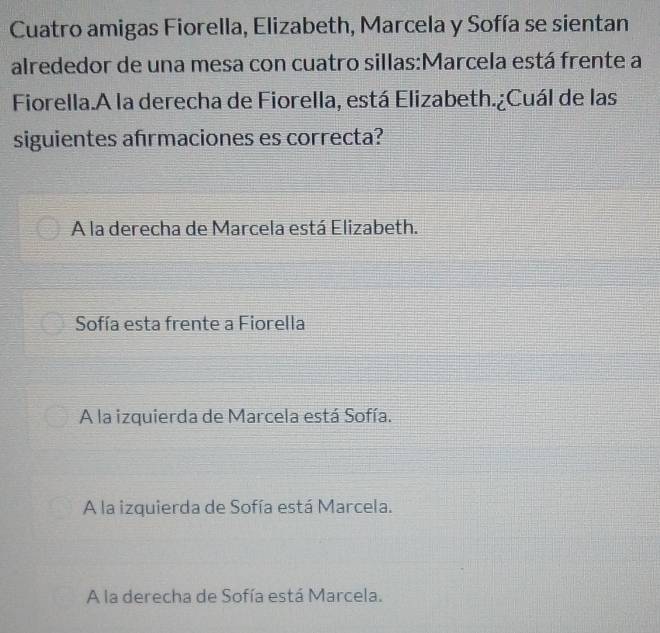 Cuatro amigas Fiorella, Elizabeth, Marcela y Sofía se sientan
alrededor de una mesa con cuatro sillas:Marcela está frente a
Fiorella.A la derecha de Fiorella, está Elizabeth.¿Cuál de las
siguientes afrmaciones es correcta?
A la derecha de Marcela está Elizabeth.
Sofía esta frente a Fiorella
A la izquierda de Marcela está Sofía.
A la izquierda de Sofía está Marcela.
A la derecha de Sofía está Marcela.