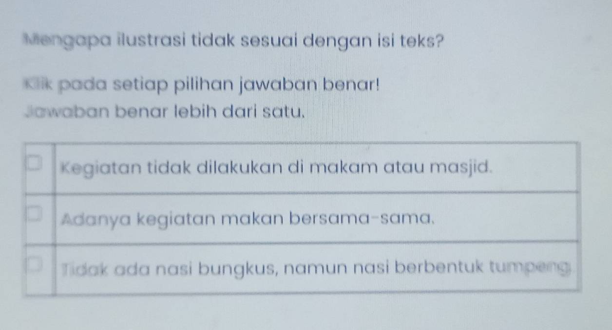 Mengapa ilustrasi tidak sesuai dengan isi teks? 
Klik pada setiap pilihan jawaban benar! 
Jawaban benar lebih dari satu.