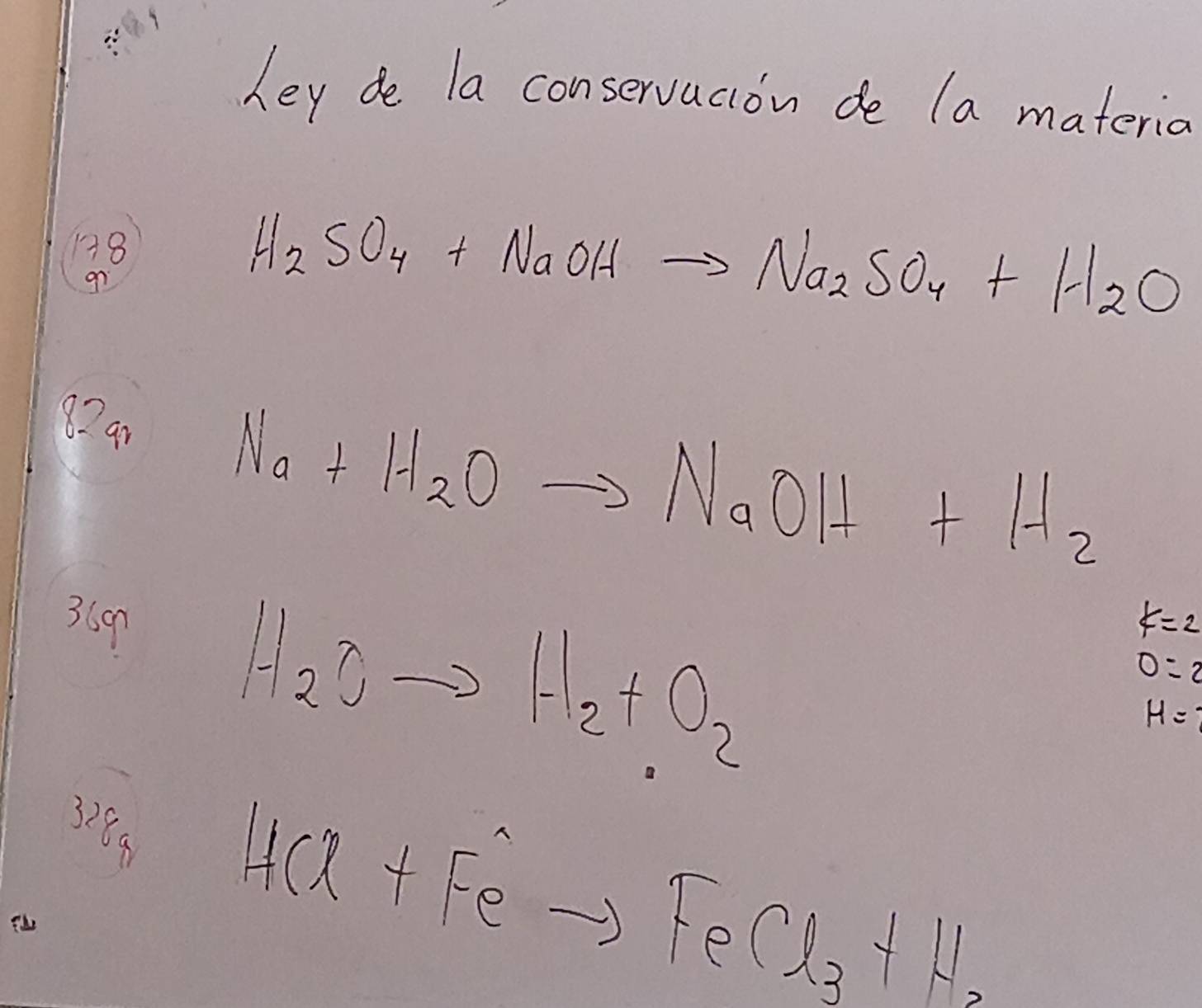 hey do la conservacion de la materia 
18
H_2SO_4+NaOHto Na_2SO_4+H_2O
82an
Na+H_2Oto NaOH+H_2
369 k=2
H_2Oto H_2+O_2
0=2
H=
3289
HCl+Feto FeCl_3+H_2