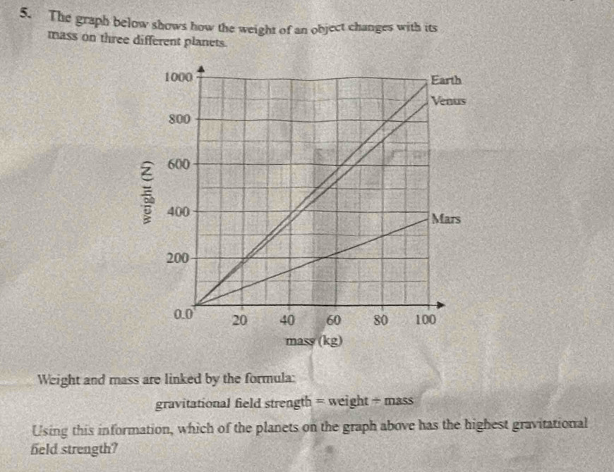 The graph below shows how the weight of an object changes with its 
mass on three different planets. 
Weight and mass are linked by the formula: 
gravitational field strength = weight ÷ mass 
Using this information, which of the planets on the graph above has the highest gravitational 
feld strength?