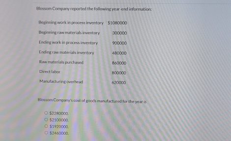 Blossom Company reported the following year -end information:
Beginning work in process inventory '' $1080000
Beginning raw materials inventory 300000
Ending work in process inventory 900000
Ending raw materials inventory 480000
Raw materials purchased 860000
Direct labor 800000
Manufacturing overhead 620000
Blossom Company's cost of goods manufactured for the year is
$2280000.
$2100000.
$1920000.
$2460000.