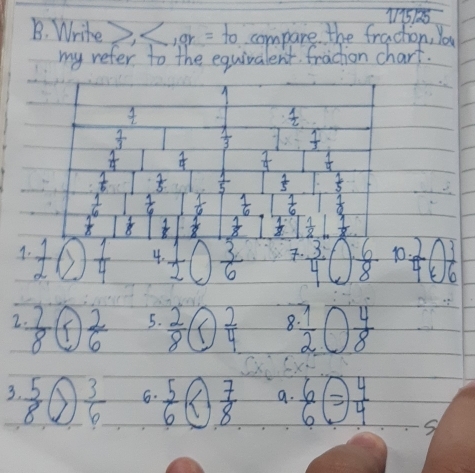 115125 
B. Write, , or=to compare the fraction, You 
my refer to the equivalent fracion chart.
 1/2 
 1/3   1/3  f
 1/4   1/4   7/4   1/4 
 1/6   1/5   1/5   1/5   1/5 
 1/6   1/6   1/6   1/6   1/6   1/0 
 1/8   1/8   1/8   1/8   1/2   1/8  1 1/8 
1 t enclosecircle2f 4.  1/2   3/6   3/4 () 6/8  10  2/4 lfrac  3/6 
2  7/8  (  2/6  5.  2/8 ?) 2/4  8  1/2 0 4/8 
3.  5/8  enclosecircle3 3/6  6.  5/6 boxed  7/8  a.  6/6 = 4/4 
S