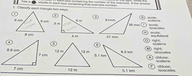 buch box containing the number of the exercise. If the answer
has a , shade in each box containing that exercise number.
I. Classify each triangle two ways.
S acute scalene
acute;
isosceles
Hacute;
equilateral
Oright;
scalene
M right; isosceles
Aobtuse;
scalene
Fobtuse;
isosceles