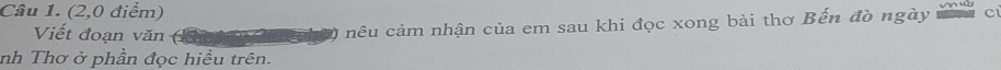 (2,0 điểm) 
Viết đoạn văn nêu cảm nhận của em sau khi đọc xong bài thơ Bến đò ngày 
nh Thơ ở phần đọc hiểu trên.