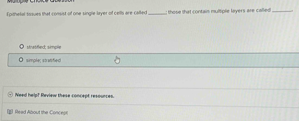 Muitipie Chôi
Epithelial tissues that consist of one single layer of cells are called _; those that contain multiple layers are called _.
stratified; simple
simple; stratified
Need help? Review these concept resources.
Read About the Concept