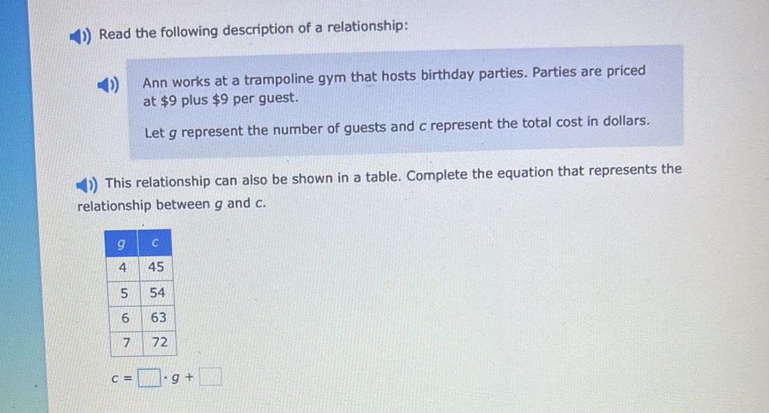 Read the following description of a relationship: 
) Ann works at a trampoline gym that hosts birthday parties. Parties are priced 
at $9 plus $9 per guest. 
Let g represent the number of guests and c represent the total cost in dollars. 
This relationship can also be shown in a table. Complete the equation that represents the 
relationship between g and c.
c=□ · g+□