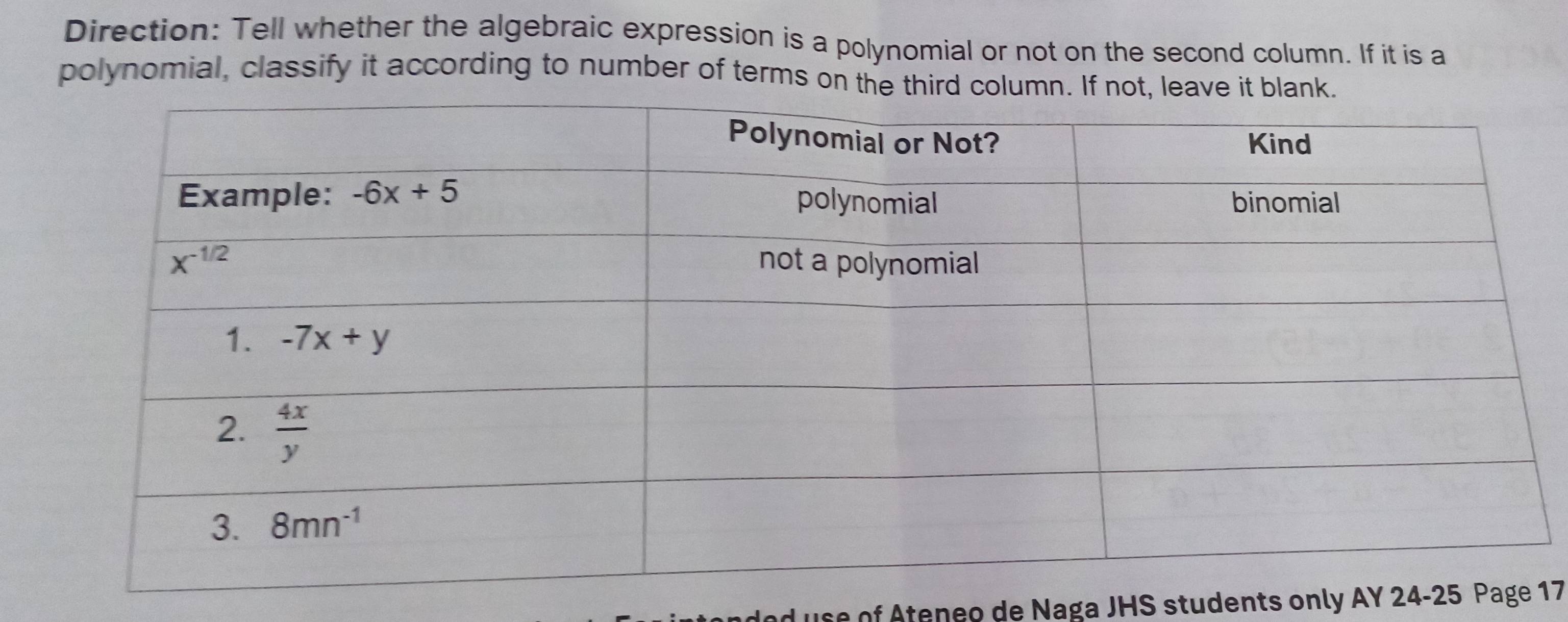 Direction: Tell whether the algebraic expression is a polynomial or not on the second column. If it is a
polynomial, classify it according to number of terms on t
e of  teneo de Naga JHS students only AY 24-25 Pag17