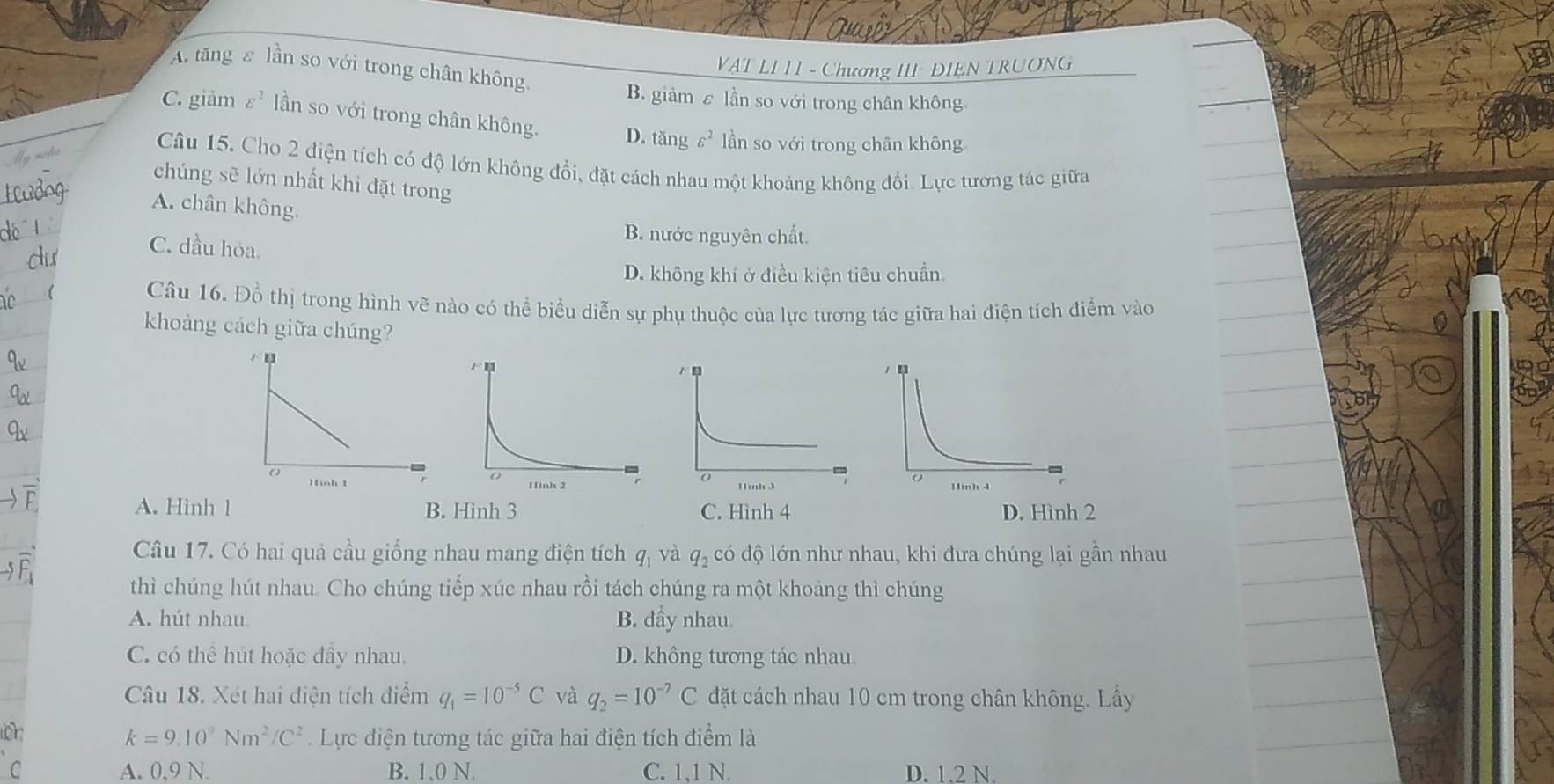 VAT LI 11 - Chương III ĐIEN TRUONG
A tăng ε lần so với trong chân không
B. giảm ε lần so với trong chân không
C. giảm varepsilon^2 lần so với trong chân không. D. tăng varepsilon^2 lần so với trong chân không
Câu 15. Cho 2 điện tích có độ lớn không đổi, đặt cách nhau một khoảng không đổi. Lực tương tác giữa
chúng sẽ lớn nhất khi dặt trong
A. chân không.
B. nước nguyên chất.
C. dầu hóa.
D. không khí ở điều kiện tiêu chuẩn.
Câu 16. Đồ thị trong hình vẽ nào có thể biểu diễn sự phụ thuộc của lực tương tác giữa hai điện tích điểm vào
khoảng cách giữa chúng?
A. Hình 1 B. Hình 3 C. Hình 4 D. Hình 2
Câu 17. Có hai quả cầu giống nhau mang điện tích q_1 và q_2 có độ lớn như nhau, khi đưa chúng lại gần nhau
thì chúng hút nhau. Cho chúng tiếp xúc nhau rồi tách chúng ra một khoảng thì chúng
A. hút nhau B. đầy nhau.
C. có thể hút hoặc đầy nhau. D. không tương tác nhau.
Câu 18. Xét hai điện tích điểm q_1=10^(-5)C và q_2=10^(-7)C đặt cách nhau 10 cm trong chân không. Lấy
k=9.10^9Nm^2/C^2. Lực điện tương tác giữa hai điện tích điểm là
C A. 0, 9 N. B. 1, 0 N. C. 1, 1 N. D. 1.2 N.