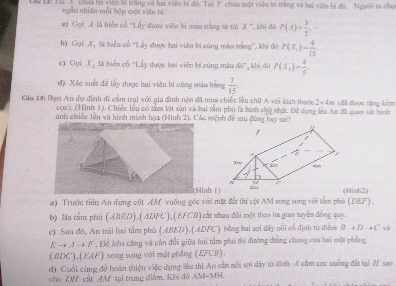 Cầu 13: Tui X  chừa ba viên bì trăng và hai viên bị đỏ. Túi Y chứa một viên bị trăng và hai viên bị đỏ. Người ta chọc
ngẫu nhiên mỗi hộp một viên bi.
a) Gọi 4 là biến cố 'Lấy được viên bi màu trắng tử túi X^(sim) , khí đó P(A)= 3/5 .
b) Gọi X_1 là biến cố “Lấy được hai viên bi cùng màu trắng”, khi đó P(X_1)= 4/15 .
e) Gọi X_2 là biến cố “Lấy được hai viên bi cùng màu do^ , khi đó P(X_2)= 4/5 .
d) Xác suất để lấy được hai viên bi cùng mâu bằng  7/15 .
Câu 14: Bạn An dự định đi cắm trại với gia đình nên đã mua chiếc lễu chữ A với kích thước 2* 4m (đã được tặng kêm
cọc), (Hình 1). Chiếc lêu có tấm lót sản và hai tấm phủ là hình chữ nhật. Đề dựng lễu An đã quan sát hình
ảnh chiếc lều và hình minh họa (Hình 2). Các mệnh đê sau đúng hay sai?
(Hình 1) 
(Hinh2)
a) Trước tiên An dựng cột AM vuông góc với mặt đất thì cột AM song song với tấm phù (DEF).
b) Ba tấm phủ (ABED),(ADFC),(EFCB)cất nhau đôi một theo ba giao tuyến đồng quy.
c) Sau đó, An trải hai tấm phủ (ABED),(ADFC) bằng hai sợi dây nối cố định từ điểm Bto Dto C và
E → A to F. Để kéo căng và cân đối giữa hai tấm phủ thì đường thẳng chung của hai mặt phảng
(BDC),(EAF) song song với mặt phẳng (EFCB).
d) Cuối cùng để hoàn thiện việc dựng lều thì An cần nối sợi dây từ đinh A cắm cọc xuống đất tại H sao
cho DH cắt AM tại trung điểm. Khi đó AM=MH.