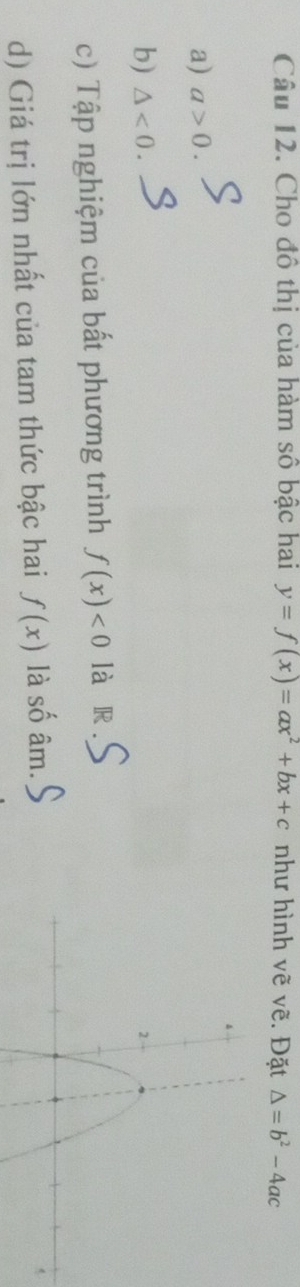 Cho đô thị của hàm số bậc hai y=f(x)=ax^2+bx+c như hình vẽ vẽ. Đặt △ =b^2-4ac
a) a>0.
b) △ <0</tex>. 
c) Tập nghiệm của bất phương trình f(x)<0</tex> làr
d) Giá trị lớn nhất của tam thức bậc hai f(x) là số âm.