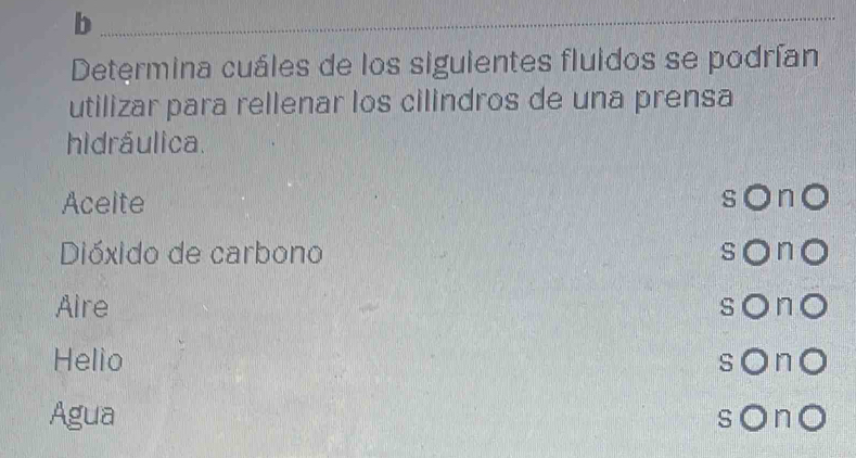 Determina cuáles de los siguientes fluidos se podrían
utilizar para rellenar los cilindros de una prensa
hidráulica.
Aceite
Dióxido de carbono
Aire
Helio
Agua