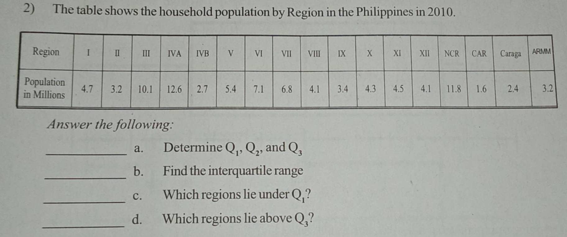 The table shows the household population by Region in the Philippines in 2010. 
Answer the following: 
_a. Determine Q_1, Q_2, and Q_3
_b. Find the interquartile range 
_c. Which regions lie under Q_1? 
_ 
d. Which regions lie above Q_3 2