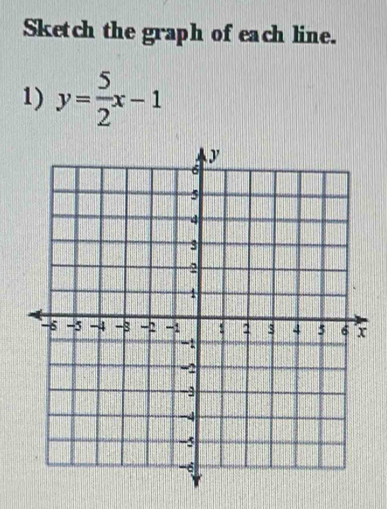 Sketch the graph of each line. 
1) y= 5/2 x-1