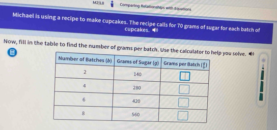 M2|L8 Comparing Relationships with Equations
Michael is using a recipe to make cupcakes. The recipe calls for 70 grams of sugar for each batch of
cupcakes. 
Now, fill in the table to find the number of grams per batch. Up you solve. “
=