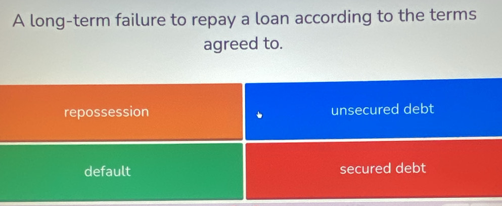 A long-term failure to repay a loan according to the terms
agreed to.
repossession unsecured debt
default secured debt