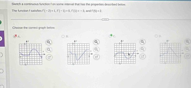 Sketch a continuous function f on some interval that has the properties described below. 
The function f satisfies f'(-2)=1, f'(-1)=0, f'(1)=-3 , and f'(5)=2. 
Choose the correct graph below. 
A. 
B. 
C. 
D. 
z 
B