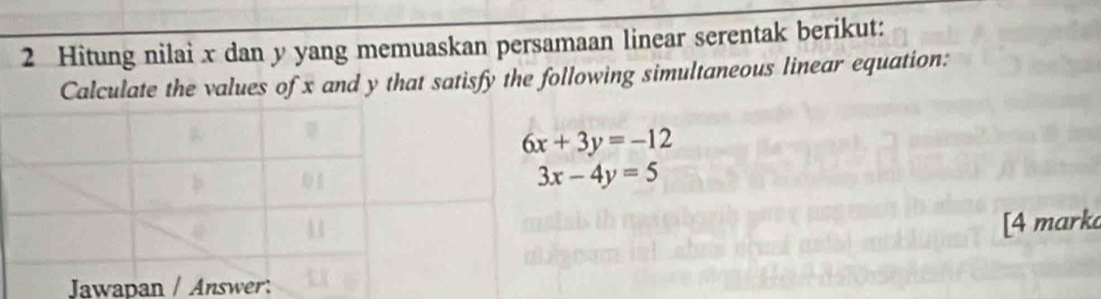 Hitung nilai x dan y yang memuaskan persamaan linear serentak berikut:
Calculate the values of x and y that satisfy the following simultaneous linear equation:
6x+3y=-12
3x-4y=5
[4 marka