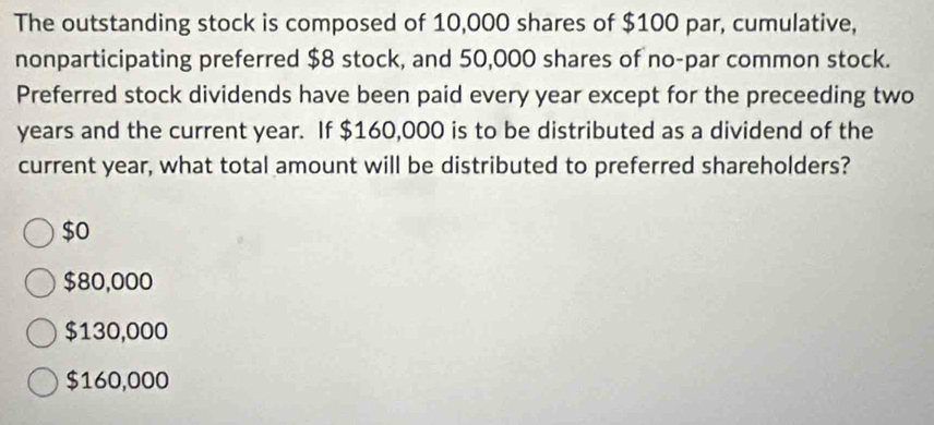 The outstanding stock is composed of 10,000 shares of $100 par, cumulative,
nonparticipating preferred $8 stock, and 50,000 shares of no-par common stock.
Preferred stock dividends have been paid every year except for the preceeding two
years and the current year. If $160,000 is to be distributed as a dividend of the
current year, what total amount will be distributed to preferred shareholders?
$0
$80,000
$130,000
$160,000