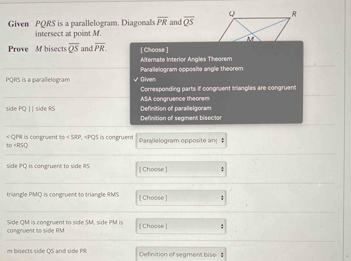 Solved: Given PQRS is a parallelogram. Diagonals overline PR and ...